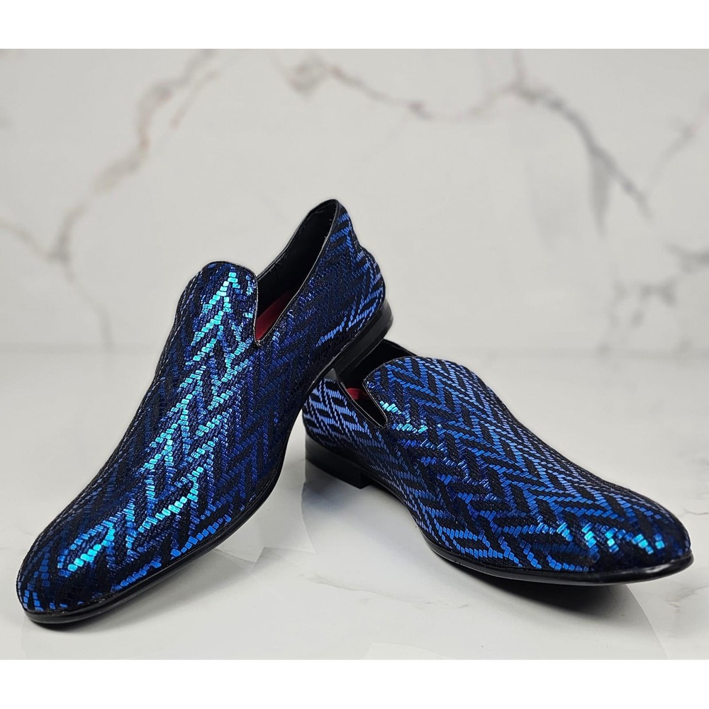 Miko Lotti Mens Blue Metallic Zigzag‎ Pattern Loafer Dress Shoes Size 13